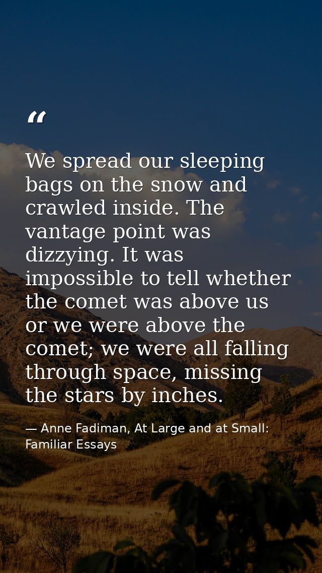 We spread our sleeping bags on the snow and crawled inside. The vantage point was dizzying. It was impossible to tell wh — Anne Fadiman, At Large and at Small: Familiar Essays