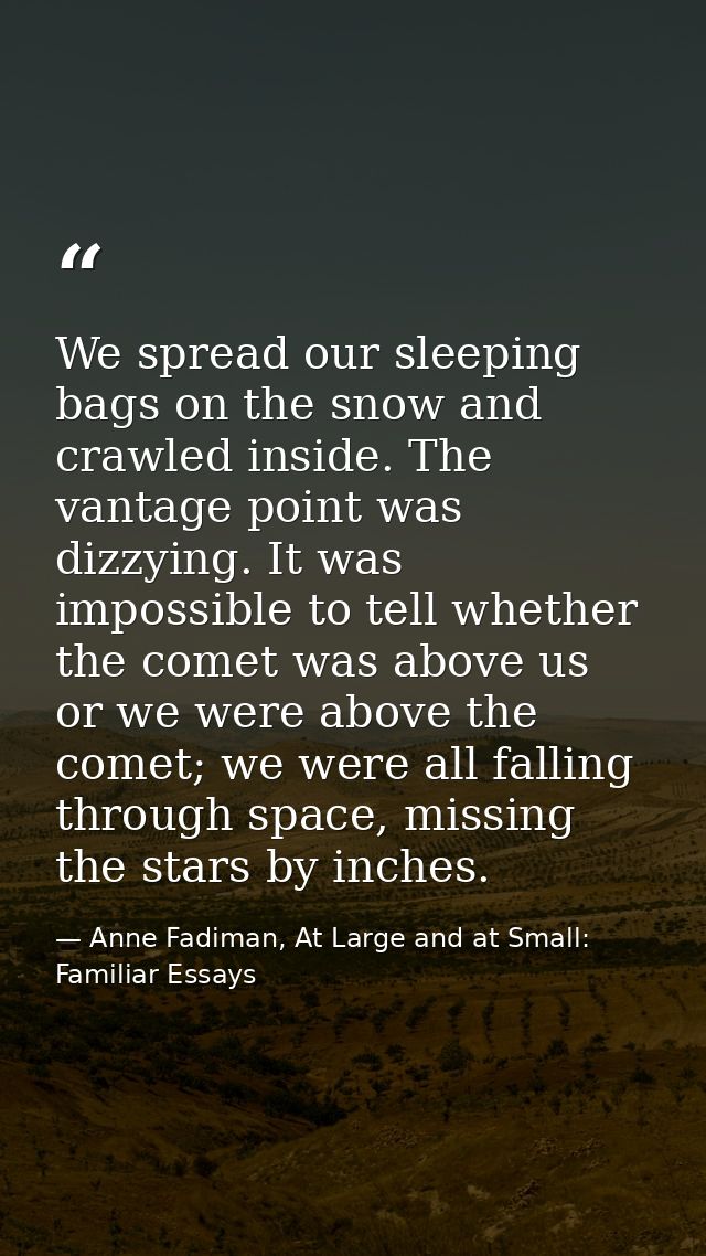 We spread our sleeping bags on the snow and crawled inside. The vantage point was dizzying. It was impossible to tell wh — Anne Fadiman, At Large and at Small: Familiar Essays