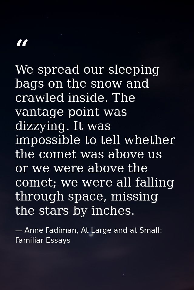 We spread our sleeping bags on the snow and crawled inside. The vantage point was dizzying. It was impossible to tell wh — Anne Fadiman, At Large and at Small: Familiar Essays