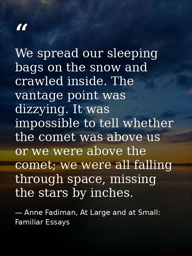 We spread our sleeping bags on the snow and crawled inside. The vantage point was dizzying. It was impossible to tell wh — Anne Fadiman, At Large and at Small: Familiar Essays