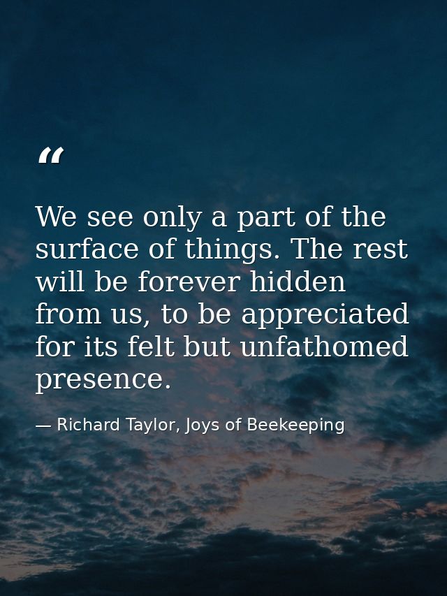 We see only a part of the surface of things. The rest will be forever hidden from us, to be appreciated for its felt but — Richard Taylor, Joys of Beekeeping