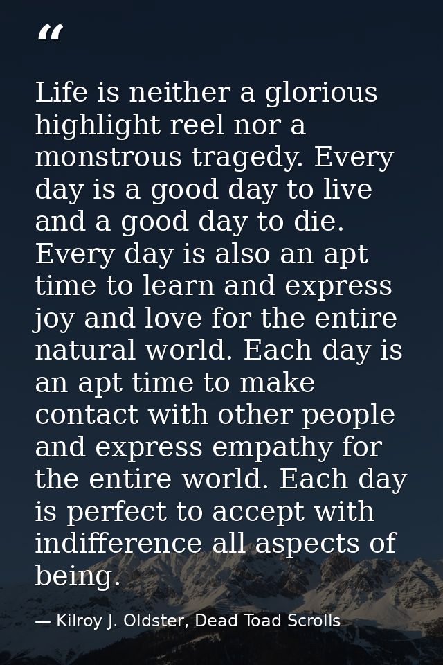 Life is neither a glorious highlight reel nor a monstrous tragedy. Every day is a good day to live and a good day to die — Kilroy J. Oldster, Dead Toad Scrolls