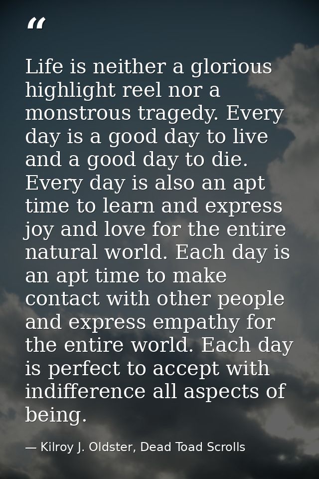 Life is neither a glorious highlight reel nor a monstrous tragedy. Every day is a good day to live and a good day to die — Kilroy J. Oldster, Dead Toad Scrolls