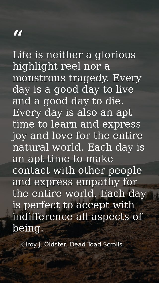 Life is neither a glorious highlight reel nor a monstrous tragedy. Every day is a good day to live and a good day to die — Kilroy J. Oldster, Dead Toad Scrolls