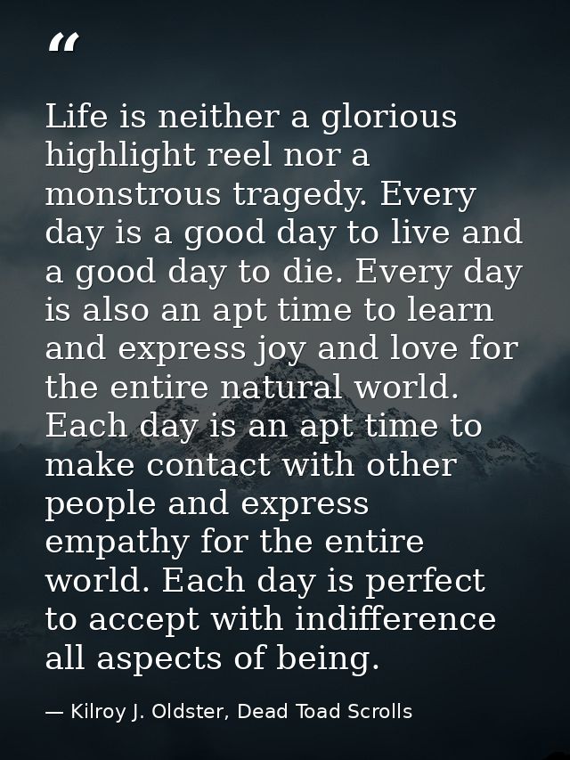 Life is neither a glorious highlight reel nor a monstrous tragedy. Every day is a good day to live and a good day to die — Kilroy J. Oldster, Dead Toad Scrolls