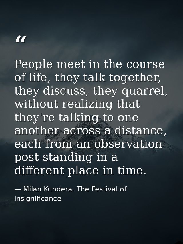 People meet in the course of life, they talk together, they discuss, they quarrel, without realizing that they're talkin — Milan Kundera, The Festival of Insignificance