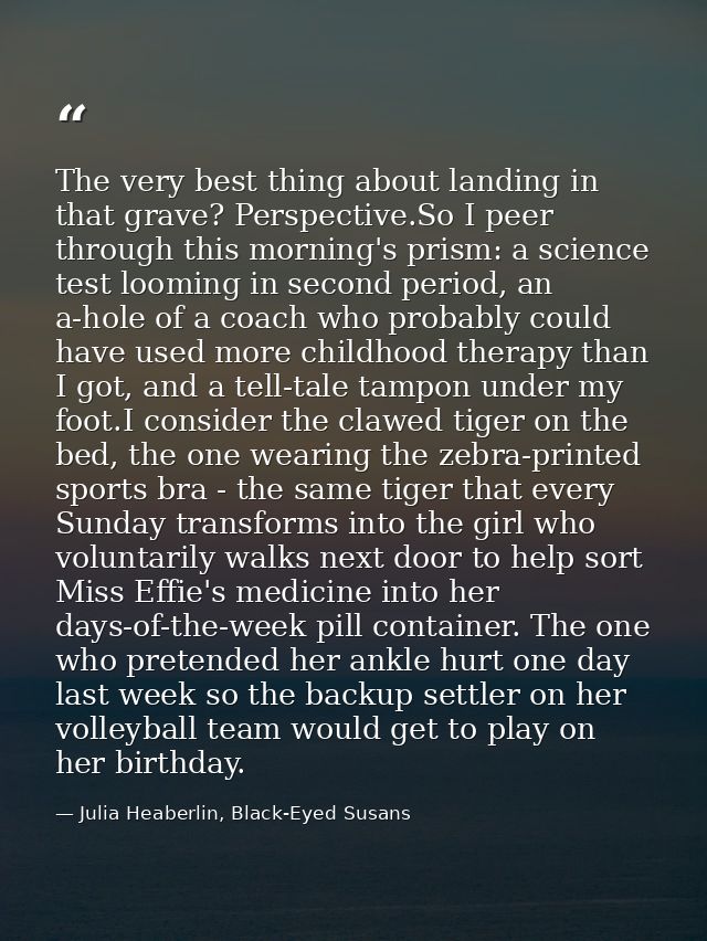 The very best thing about landing in that grave? Perspective.So I peer through this morning's prism: a science test loom — Julia Heaberlin, Black-Eyed Susans