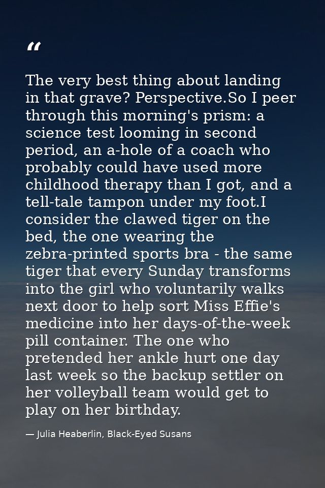 The very best thing about landing in that grave? Perspective.So I peer through this morning's prism: a science test loom — Julia Heaberlin, Black-Eyed Susans