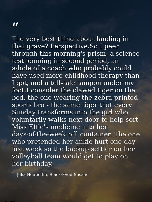 The very best thing about landing in that grave? Perspective.So I peer through this morning's prism: a science test loom — Julia Heaberlin, Black-Eyed Susans