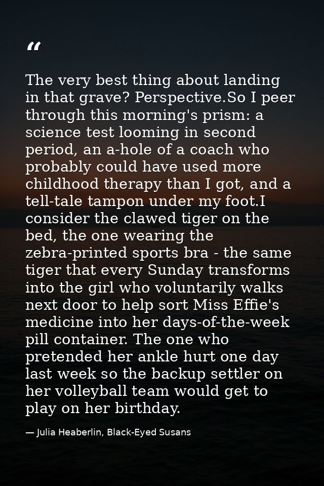 The very best thing about landing in that grave? Perspective.So I peer through this morning's prism: a science test loom — Julia Heaberlin, Black-Eyed Susans