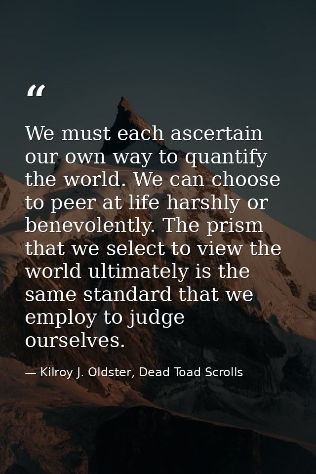 We must each ascertain our own way to quantify the world. We can choose to peer at life harshly or benevolently. The pri — Kilroy J. Oldster, Dead Toad Scrolls