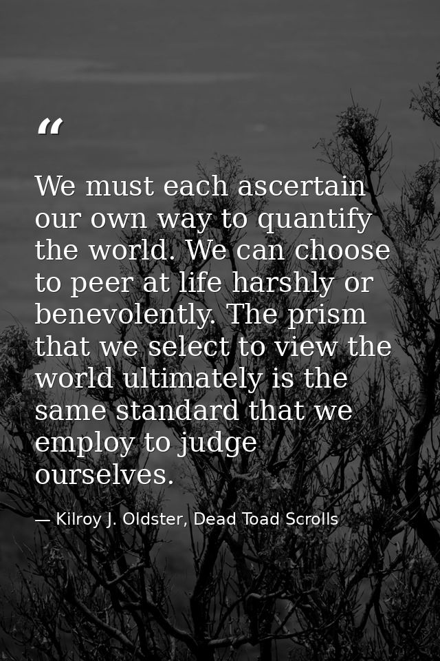 We must each ascertain our own way to quantify the world. We can choose to peer at life harshly or benevolently. The pri — Kilroy J. Oldster, Dead Toad Scrolls