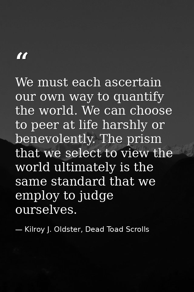 We must each ascertain our own way to quantify the world. We can choose to peer at life harshly or benevolently. The pri — Kilroy J. Oldster, Dead Toad Scrolls