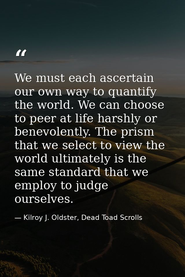 We must each ascertain our own way to quantify the world. We can choose to peer at life harshly or benevolently. The pri — Kilroy J. Oldster, Dead Toad Scrolls