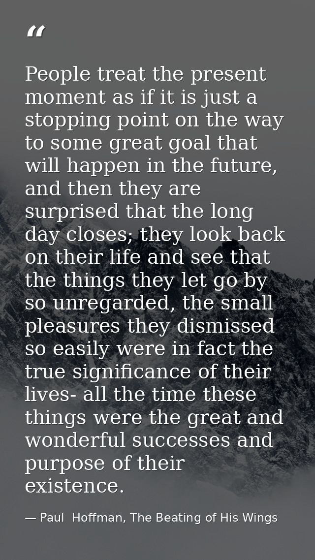 People treat the present moment as if it is just a stopping point on the way to some great goal that will happen in the  — Paul  Hoffman, The Beating of His Wings