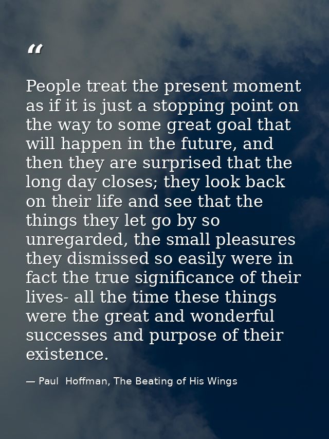 People treat the present moment as if it is just a stopping point on the way to some great goal that will happen in the  — Paul  Hoffman, The Beating of His Wings