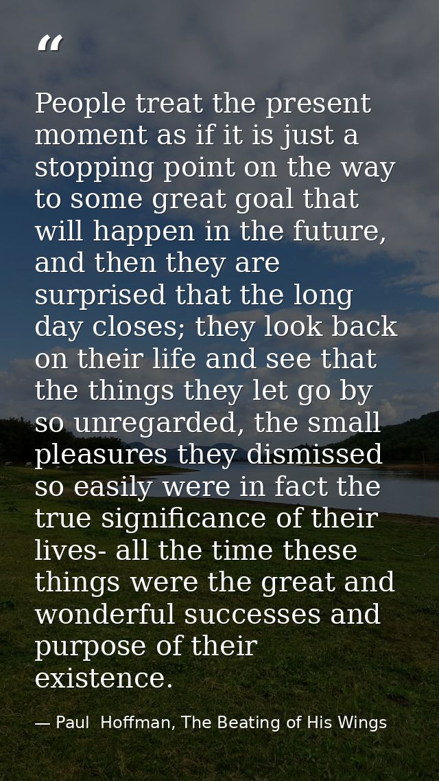 People treat the present moment as if it is just a stopping point on the way to some great goal that will happen in the  — Paul  Hoffman, The Beating of His Wings