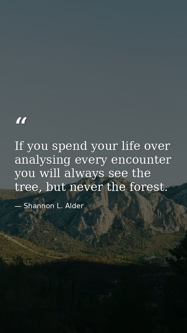 If you spend your life over analysing every encounter you will always see the tree, but never the forest. — Shannon L. Alder