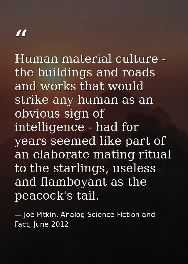 Human material culture - the buildings and roads and works that would strike any human as an obvious sign of intelligenc — Joe Pitkin, Analog Science Fiction and Fact, June 2012