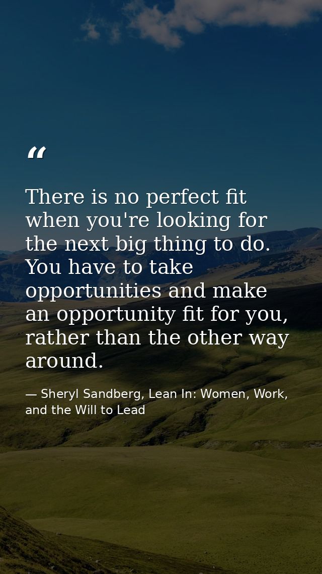 There is no perfect fit when you're looking for the next big thing to do. You have to take opportunities and make an opp — Sheryl Sandberg, Lean In: Women, Work, and the Will to Lead