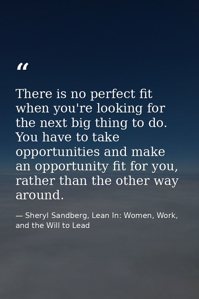There is no perfect fit when you're looking for the next big thing to do. You have to take opportunities and make an opp — Sheryl Sandberg, Lean In: Women, Work, and the Will to Lead