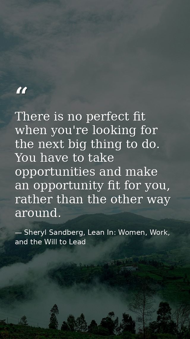 There is no perfect fit when you're looking for the next big thing to do. You have to take opportunities and make an opp — Sheryl Sandberg, Lean In: Women, Work, and the Will to Lead
