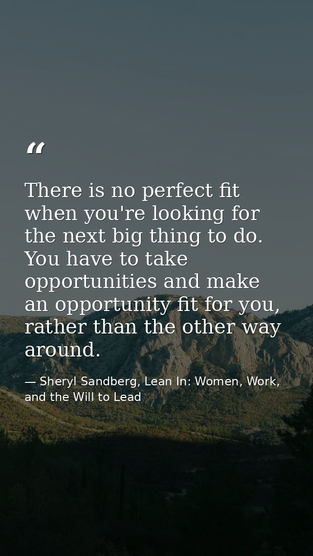 There is no perfect fit when you're looking for the next big thing to do. You have to take opportunities and make an opp — Sheryl Sandberg, Lean In: Women, Work, and the Will to Lead