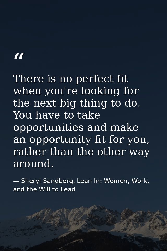 There is no perfect fit when you're looking for the next big thing to do. You have to take opportunities and make an opp — Sheryl Sandberg, Lean In: Women, Work, and the Will to Lead