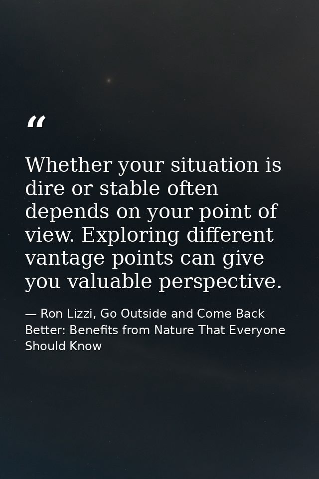 Whether your situation is dire or stable often depends on your point of view. Exploring different vantage points can giv — Ron Lizzi, Go Outside and Come Back Better: Benefits from Nature That Everyone Should Know