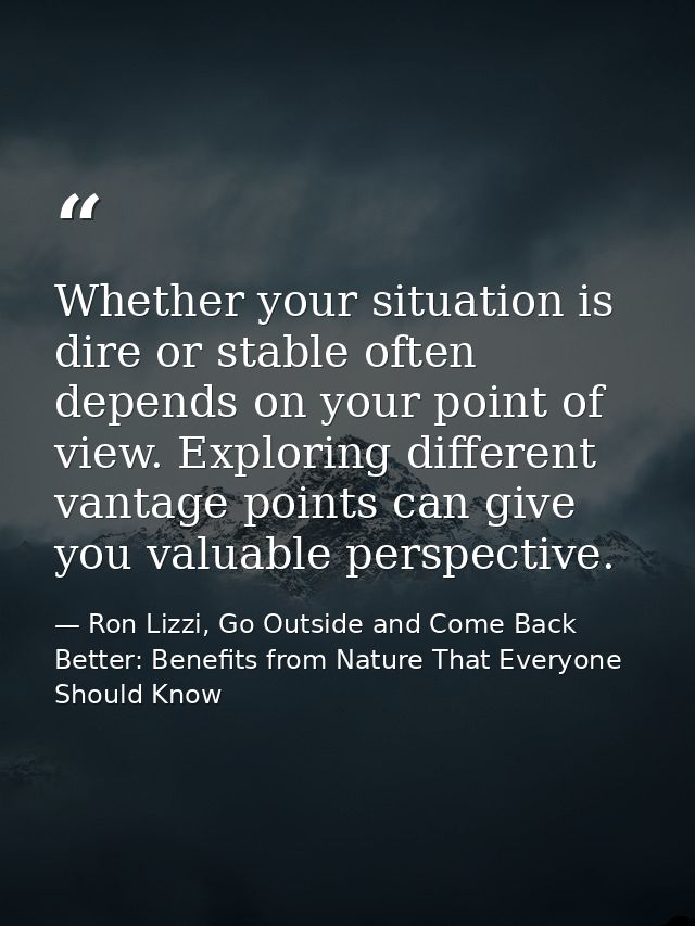 Whether your situation is dire or stable often depends on your point of view. Exploring different vantage points can giv — Ron Lizzi, Go Outside and Come Back Better: Benefits from Nature That Everyone Should Know