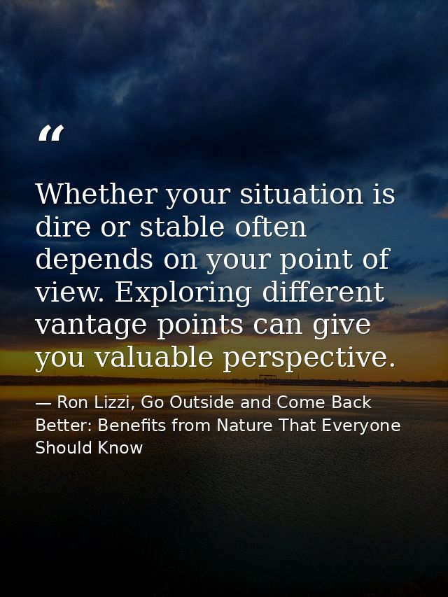 Whether your situation is dire or stable often depends on your point of view. Exploring different vantage points can giv — Ron Lizzi, Go Outside and Come Back Better: Benefits from Nature That Everyone Should Know