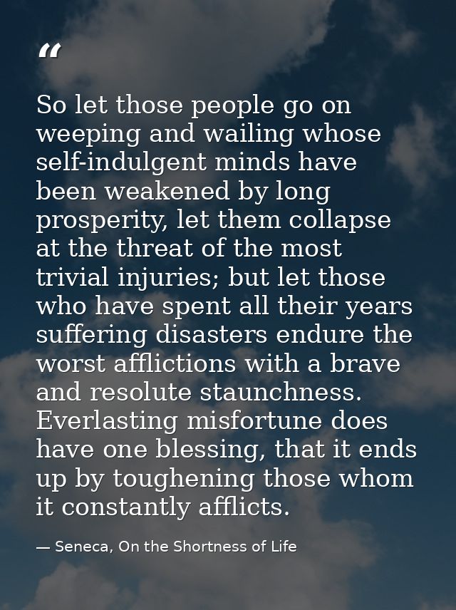So let those people go on weeping and wailing whose self-indulgent minds have been weakened by long prosperity, let them — Seneca, On the Shortness of Life
