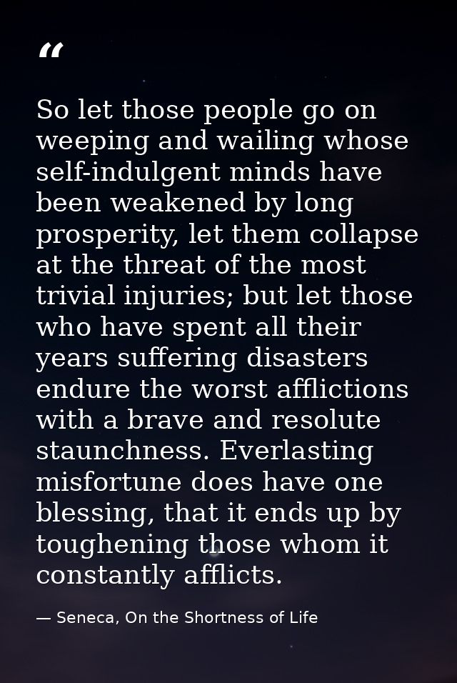 So let those people go on weeping and wailing whose self-indulgent minds have been weakened by long prosperity, let them — Seneca, On the Shortness of Life
