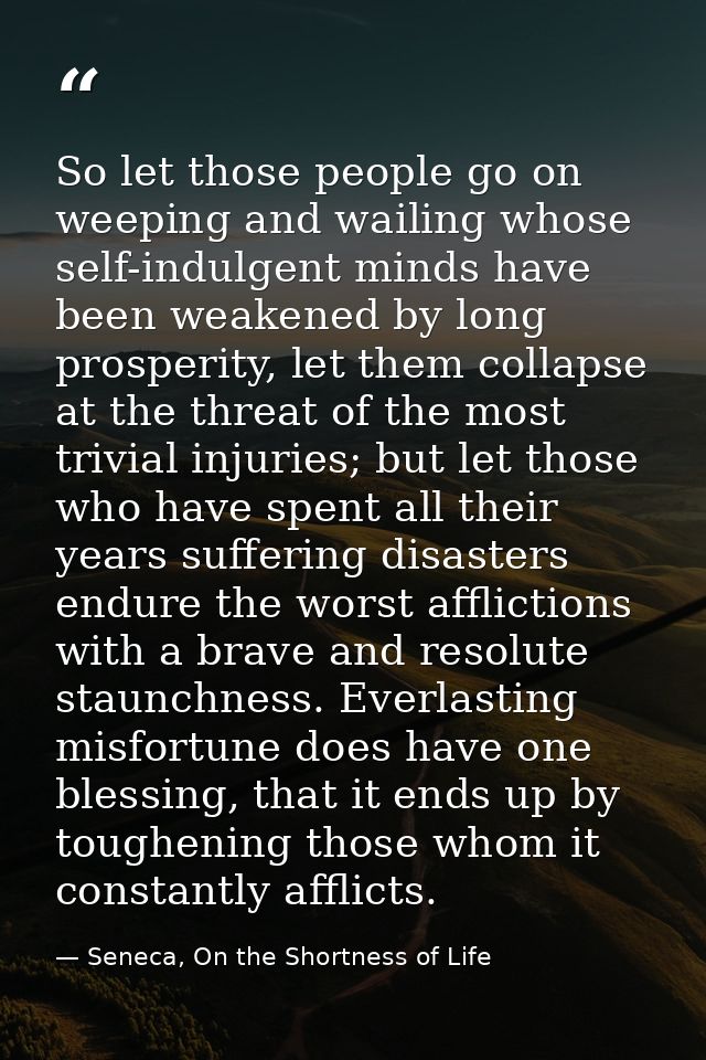 So let those people go on weeping and wailing whose self-indulgent minds have been weakened by long prosperity, let them — Seneca, On the Shortness of Life