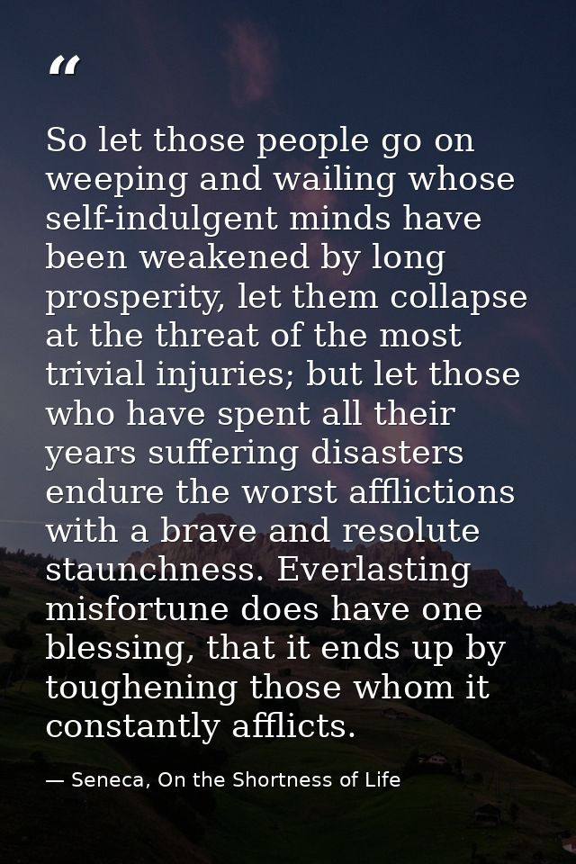 So let those people go on weeping and wailing whose self-indulgent minds have been weakened by long prosperity, let them — Seneca, On the Shortness of Life