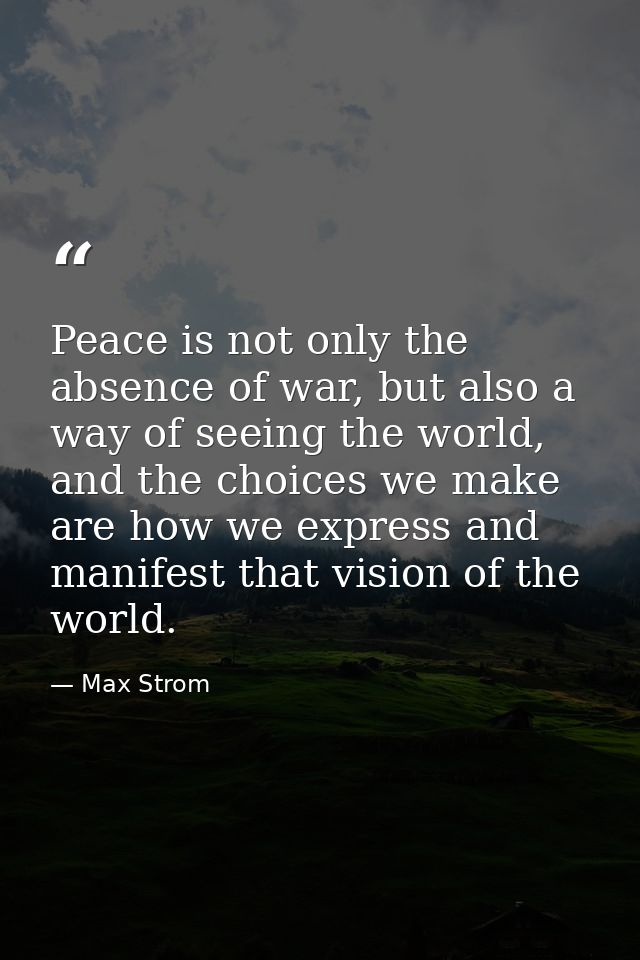 Peace is not only the absence of war, but also a way of seeing the world, and the choices we make are how we express and — Max Strom