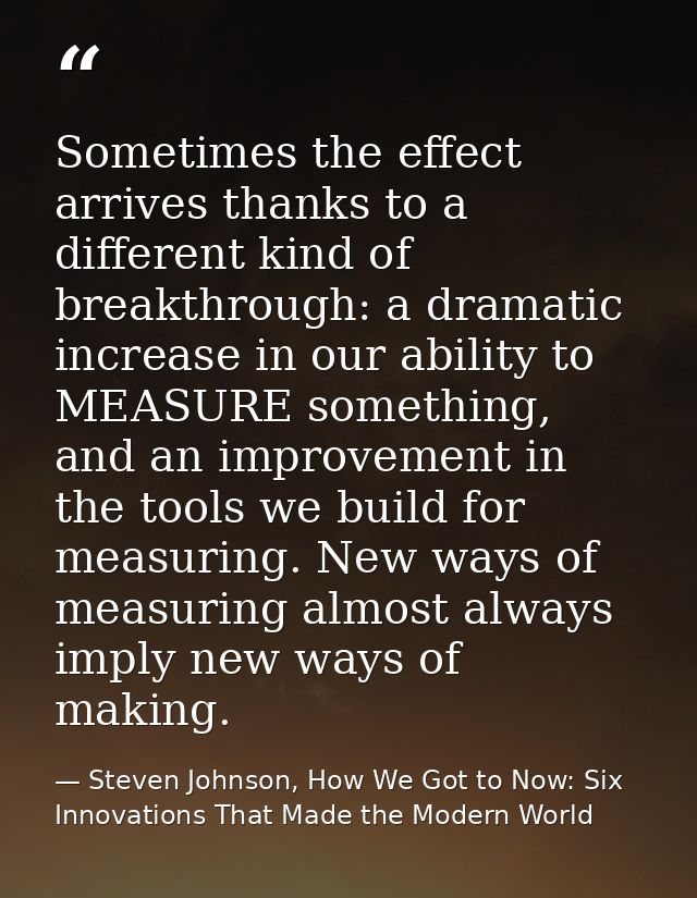 Sometimes the effect arrives thanks to a different kind of breakthrough: a dramatic increase in our ability to MEASURE s — Steven Johnson, How We Got to Now: Six Innovations That Made the Modern World