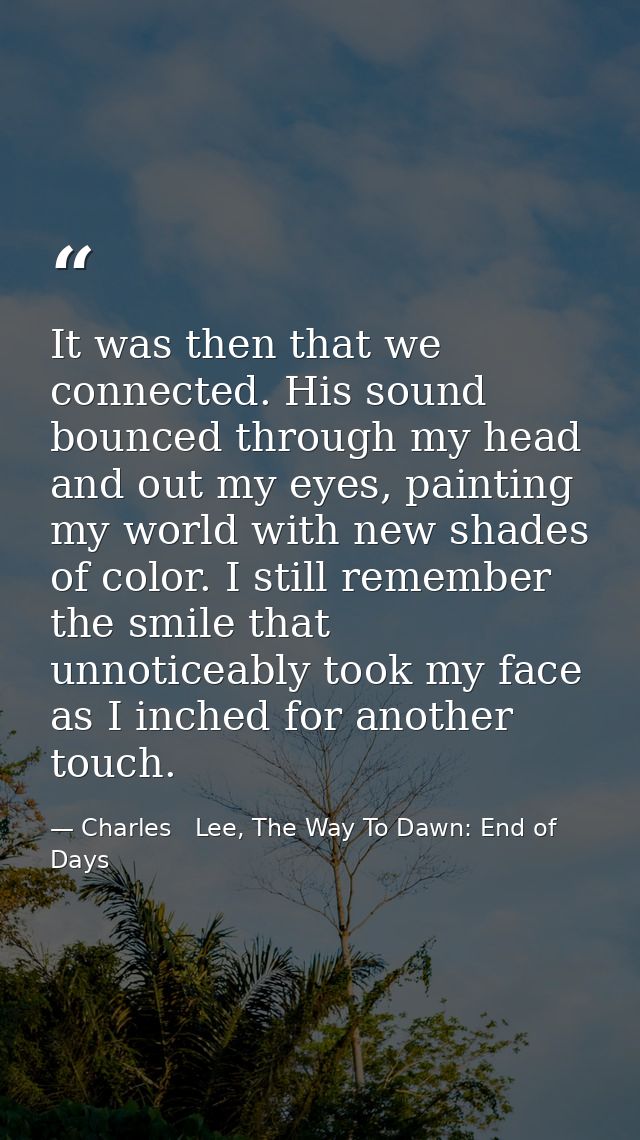 It was then that we connected. His sound bounced through my head and out my eyes, painting my world with new shades of c — Charles   Lee, The Way To Dawn: End of Days