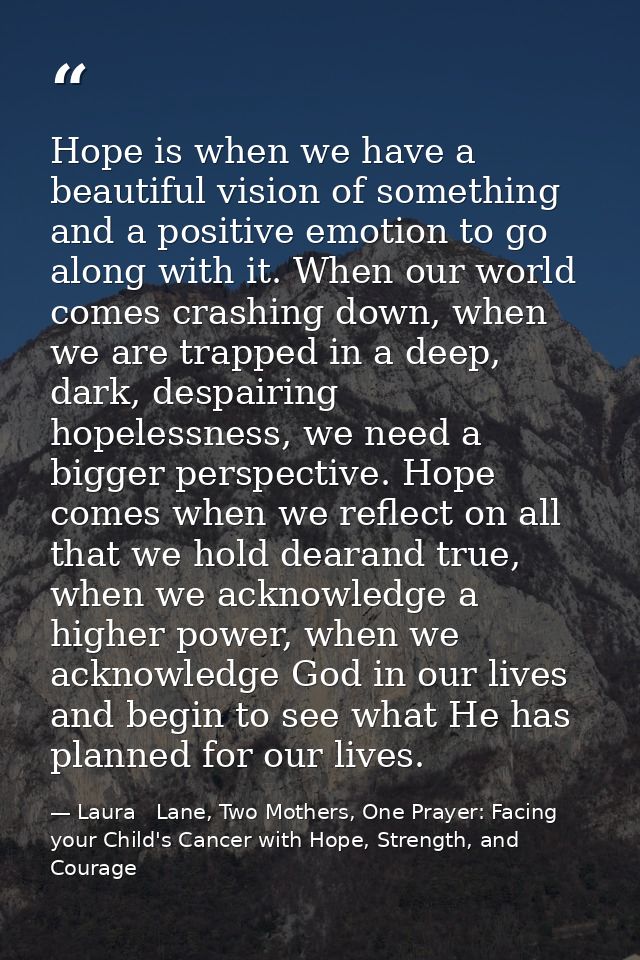 Hope is when we have a beautiful vision of something and a positive emotion to go along with it. When our world comes cr — Laura   Lane, Two Mothers, One Prayer: Facing your Child's Cancer with Hope, Strength, and Courage