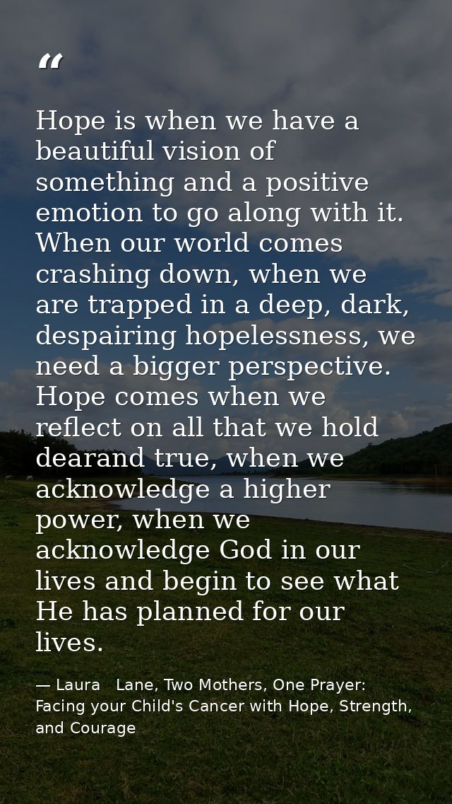 Hope is when we have a beautiful vision of something and a positive emotion to go along with it. When our world comes cr — Laura   Lane, Two Mothers, One Prayer: Facing your Child's Cancer with Hope, Strength, and Courage