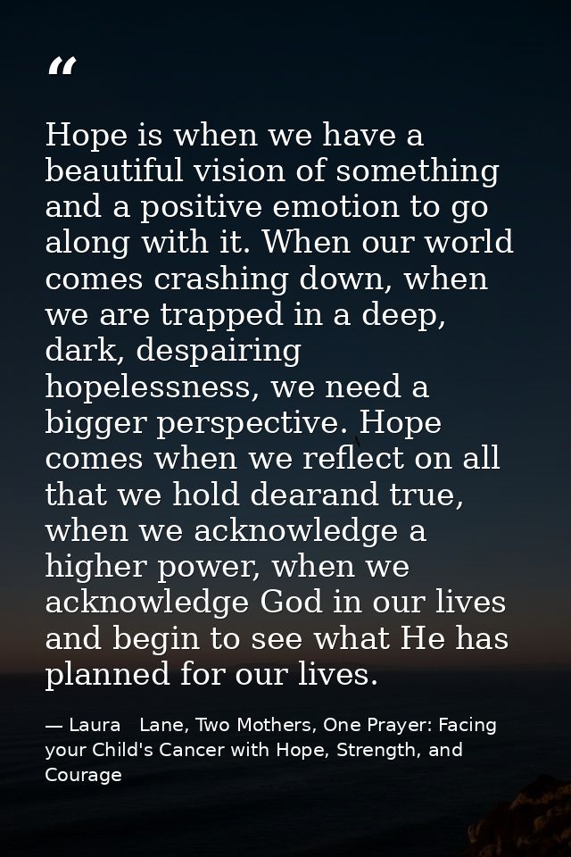 Hope is when we have a beautiful vision of something and a positive emotion to go along with it. When our world comes cr — Laura   Lane, Two Mothers, One Prayer: Facing your Child's Cancer with Hope, Strength, and Courage