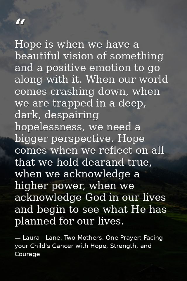 Hope is when we have a beautiful vision of something and a positive emotion to go along with it. When our world comes cr — Laura   Lane, Two Mothers, One Prayer: Facing your Child's Cancer with Hope, Strength, and Courage