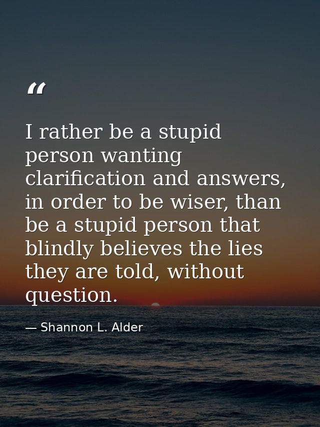 I rather be a stupid person wanting clarification and answers, in order to be wiser, than be a stupid person that blindl — Shannon L. Alder