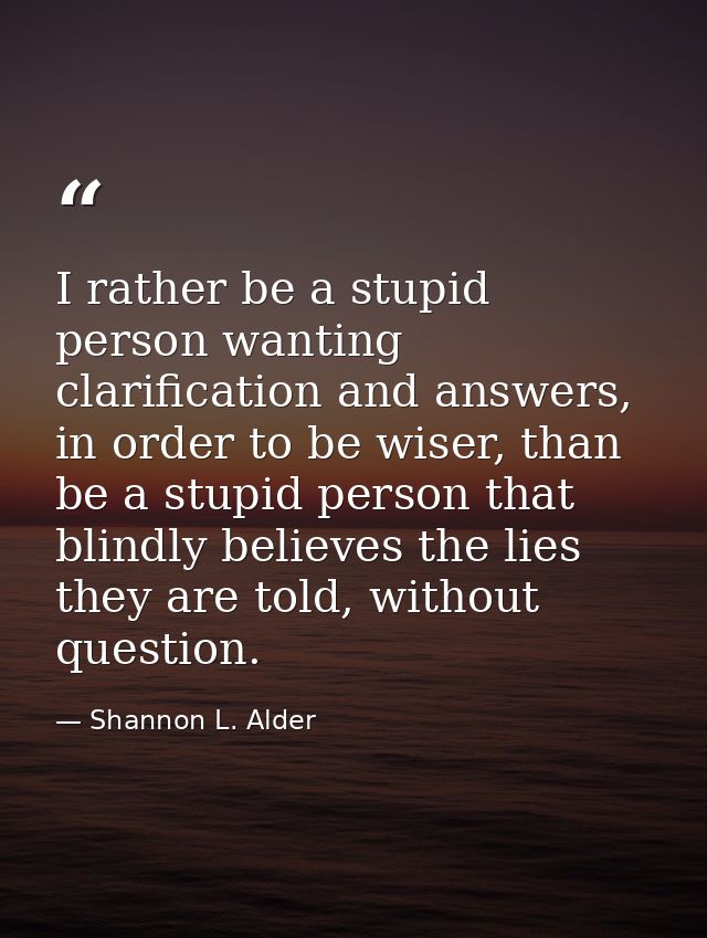 I rather be a stupid person wanting clarification and answers, in order to be wiser, than be a stupid person that blindl — Shannon L. Alder
