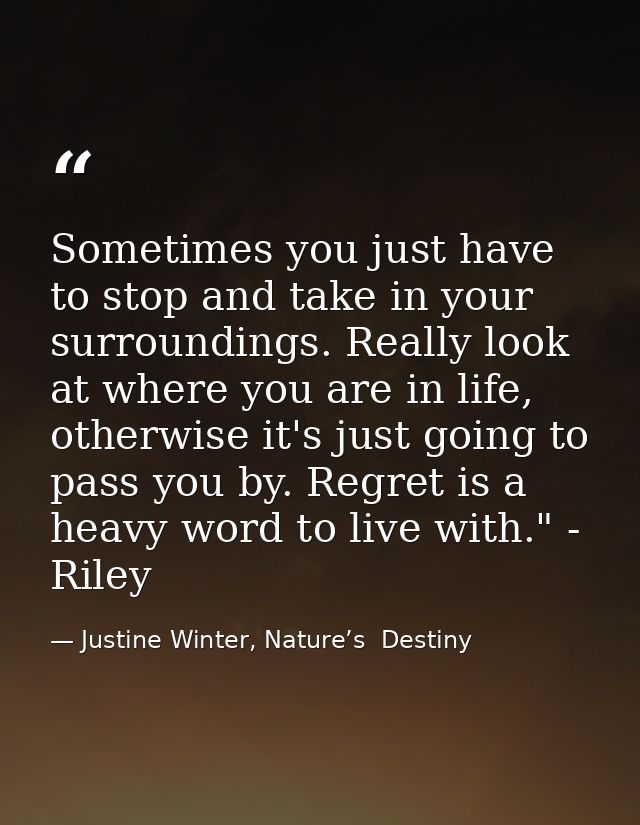 Sometimes you just have to stop and take in your surroundings. Really look at where you are in life, otherwise it's just — Justine Winter, Nature’s  Destiny
