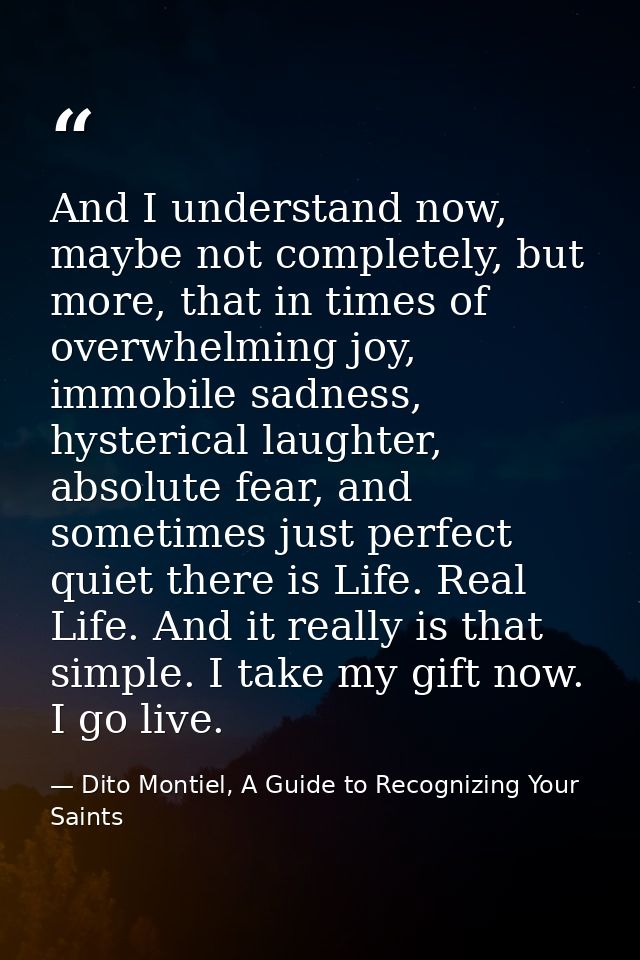 And I understand now, maybe not completely, but more, that in times of overwhelming joy, immobile sadness, hysterical la — Dito Montiel, A Guide to Recognizing Your Saints