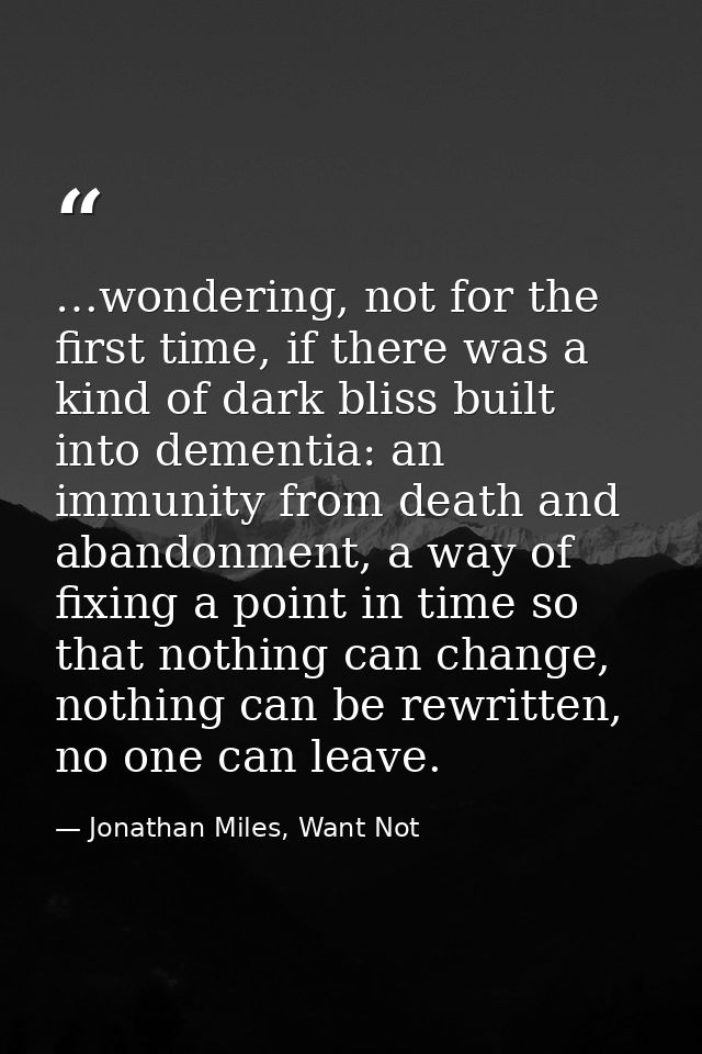 …wondering, not for the first time, if there was a kind of dark bliss built into dementia: an immunity from death and ab — Jonathan Miles, Want Not