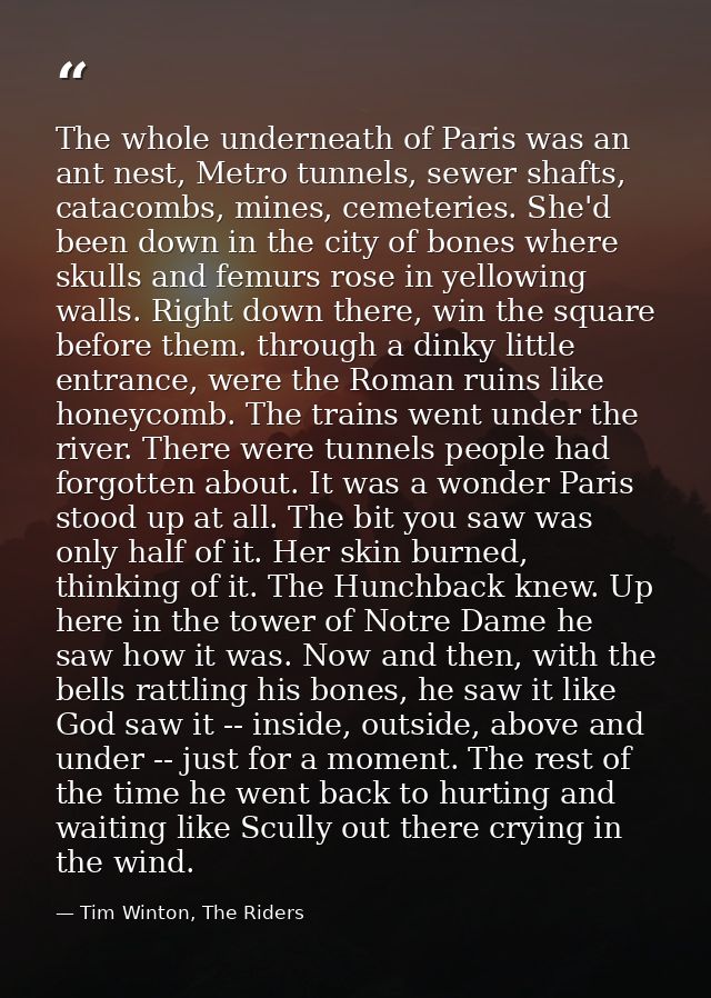 The whole underneath of Paris was an ant nest, Metro tunnels, sewer shafts, catacombs, mines, cemeteries. She'd been dow — Tim Winton, The Riders