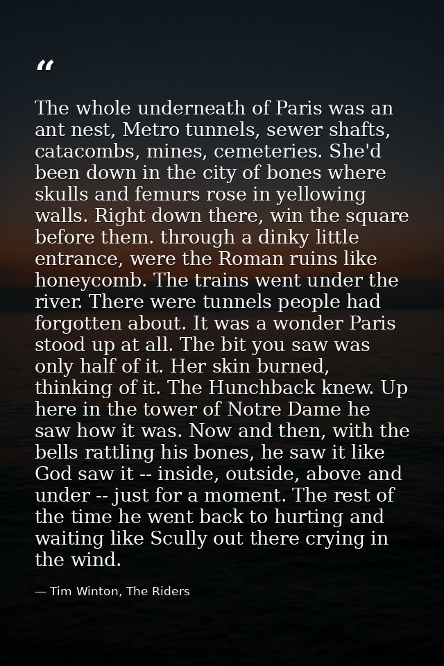 The whole underneath of Paris was an ant nest, Metro tunnels, sewer shafts, catacombs, mines, cemeteries. She'd been dow — Tim Winton, The Riders