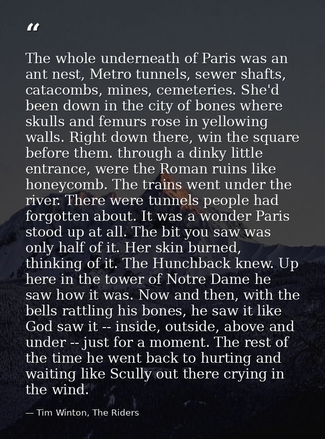 The whole underneath of Paris was an ant nest, Metro tunnels, sewer shafts, catacombs, mines, cemeteries. She'd been dow — Tim Winton, The Riders